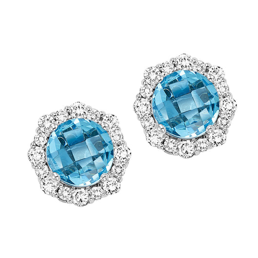 Silver with round Blue Topaz and Diamond Earrings